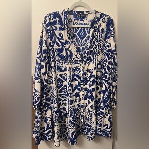Zara Navy and Cream Bohemian Blouse